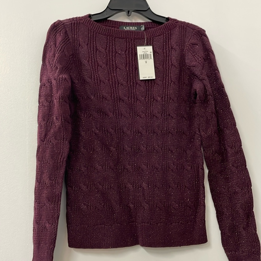 Lauren Ralph Lauren Women’s Cable Knit Cotton Blend Boatneck Sweater Dark Red - Picture 2 of 6